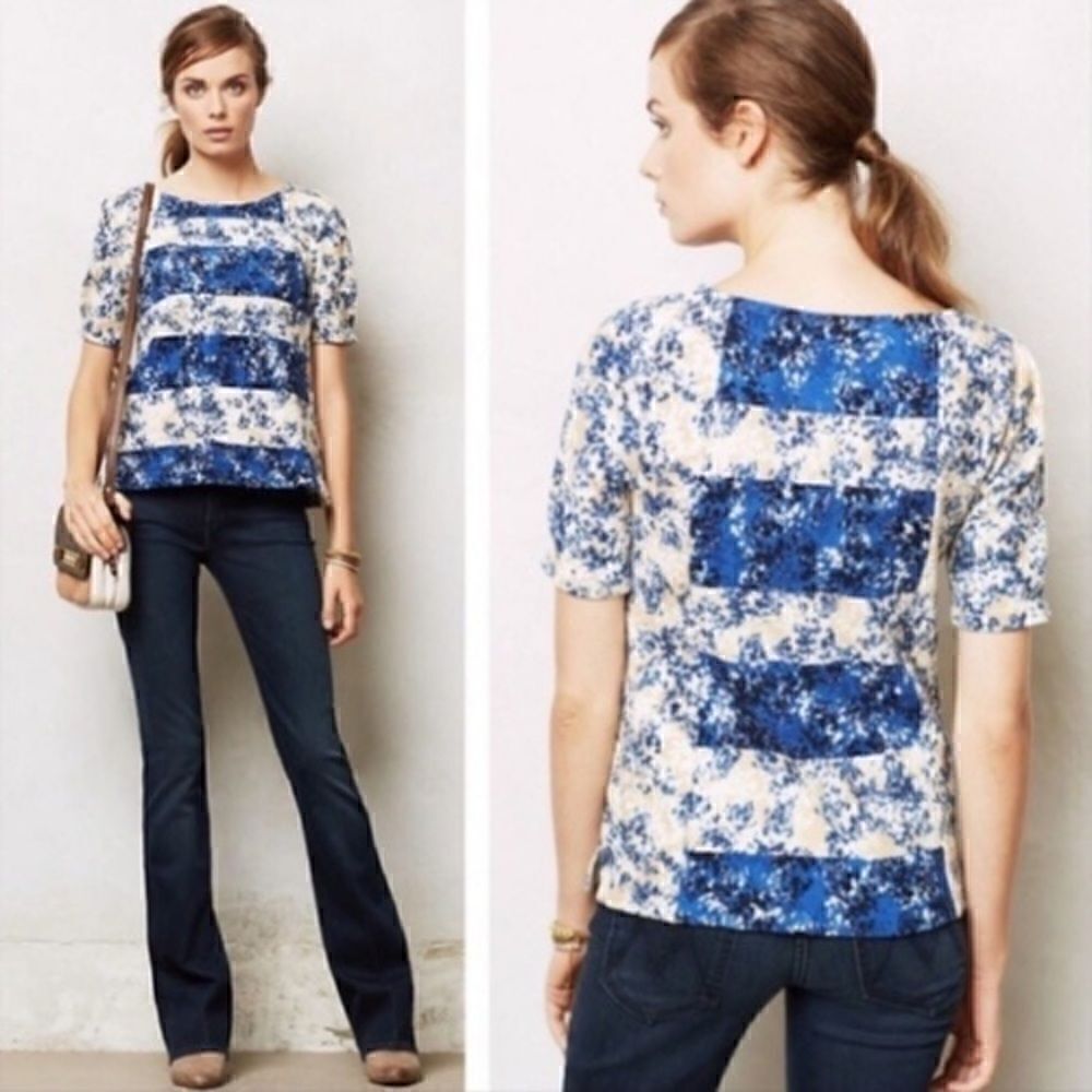 Anthropologie Postmark Floral Patterned Textured Puffy Sleeves Top